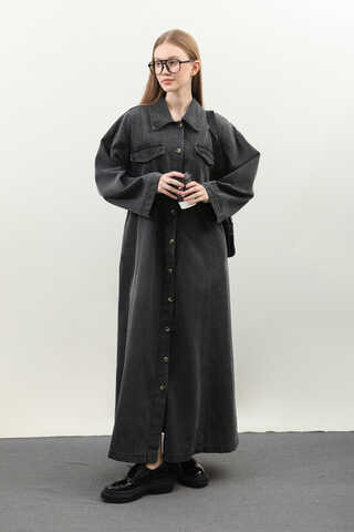 Kemerli Kot Elbise Antrasit - 6