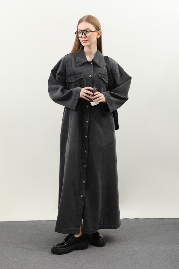 Kemerli Kot Elbise Antrasit - 6