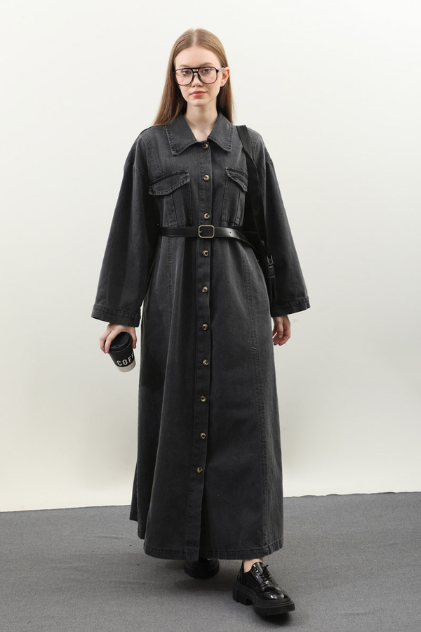 Kemerli Kot Elbise Antrasit - 7