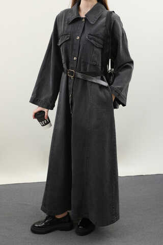 Kemerli Kot Elbise Antrasit - 8