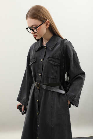 Kemerli Kot Elbise Antrasit - 9