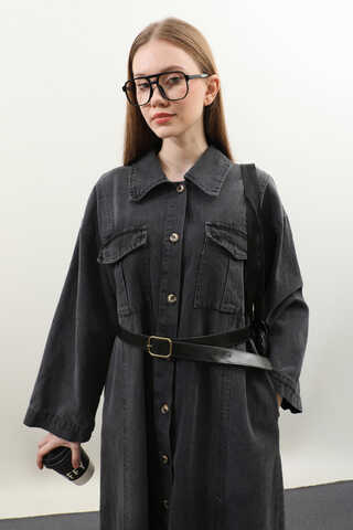 Kemerli Kot Elbise Antrasit - 1