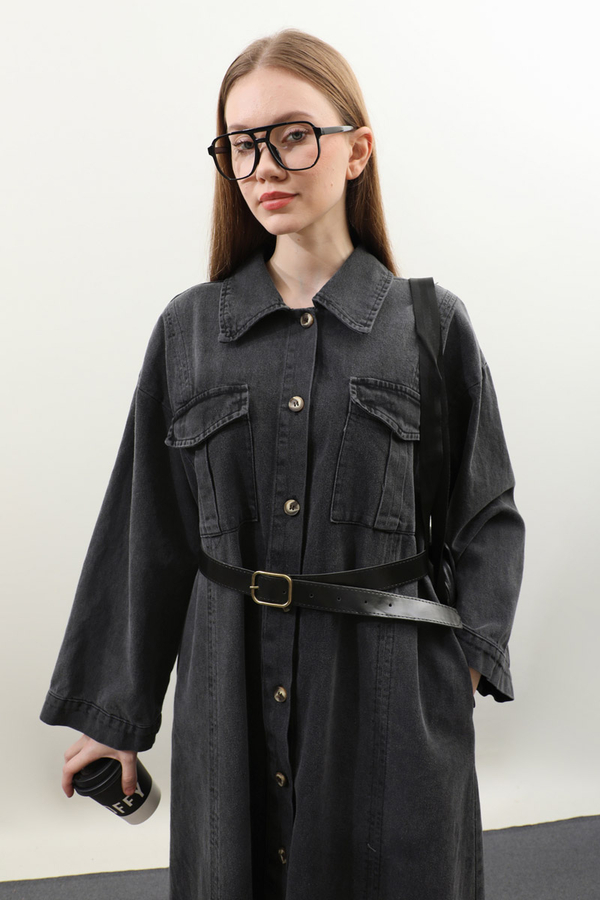 Kemerli Kot Elbise Antrasit - 1