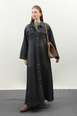 Kemerli Kot Elbise Koyu Mavi - 5