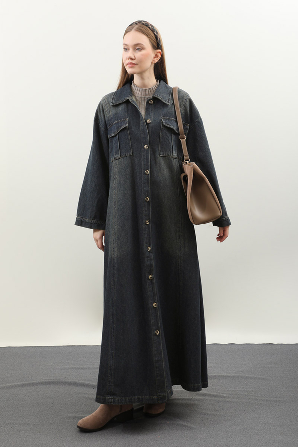 Kemerli Kot Elbise Koyu Mavi - 5