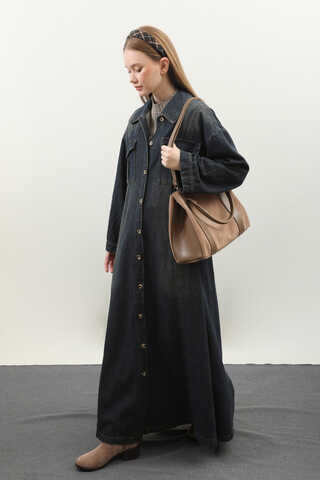 Kemerli Kot Elbise Koyu Mavi - 6