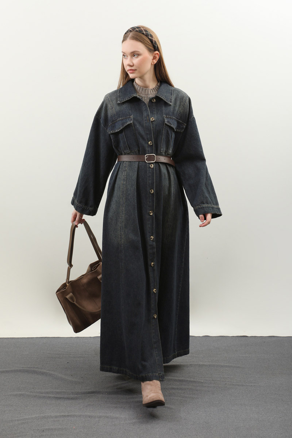 Kemerli Kot Elbise Koyu Mavi - 4