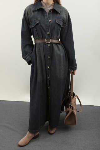 Kemerli Kot Elbise Koyu Mavi - 9