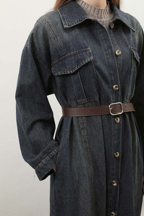 Kemerli Kot Elbise Koyu Mavi - 10