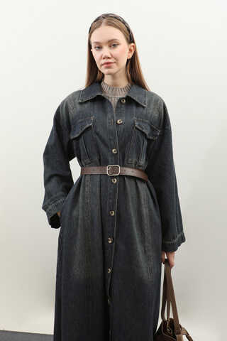 Kemerli Kot Elbise Koyu Mavi - 11