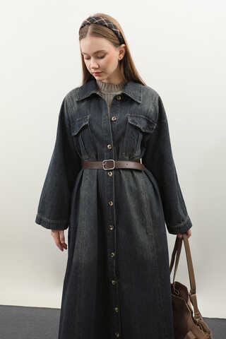 Kemerli Kot Elbise Koyu Mavi - 12