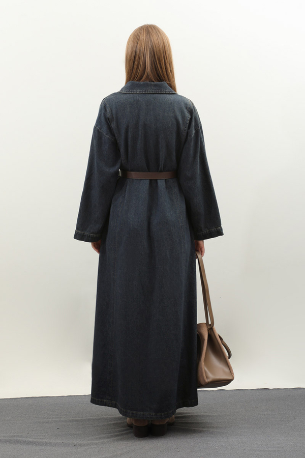 Kemerli Kot Elbise Koyu Mavi - 13