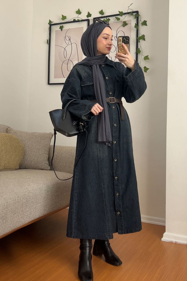 Kemerli Kot Elbise Koyu Mavi - 1