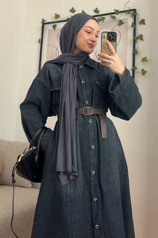 Kemerli Kot Elbise Koyu Mavi - 2