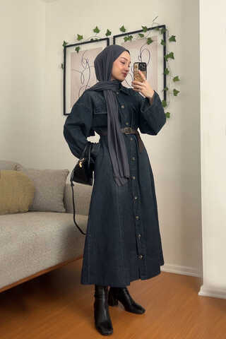 Kemerli Kot Elbise Koyu Mavi - 3