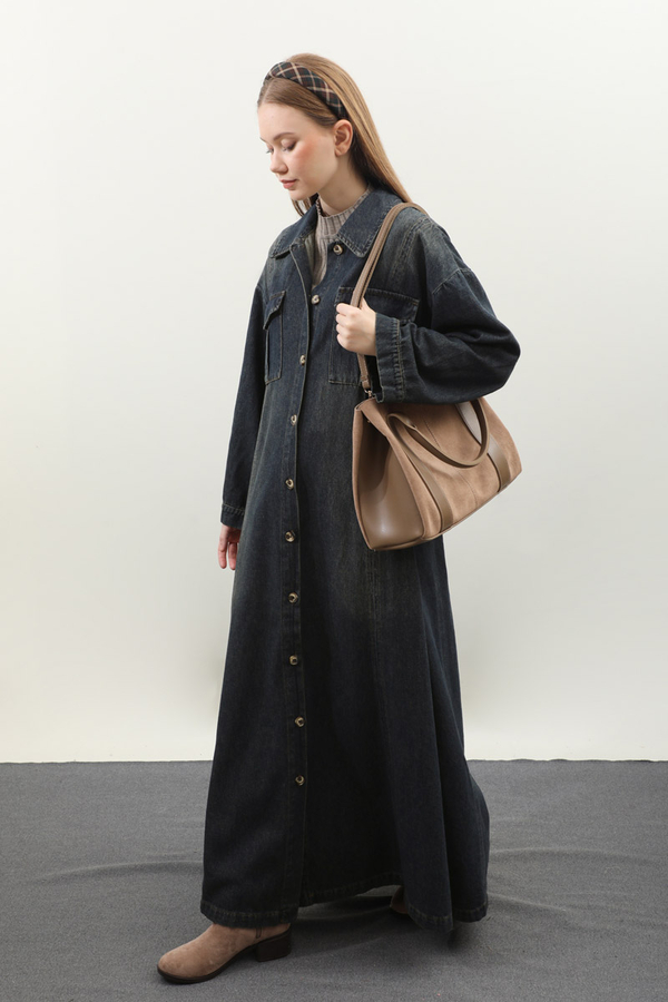 Kemerli Kot Elbise Koyu Mavi - 6