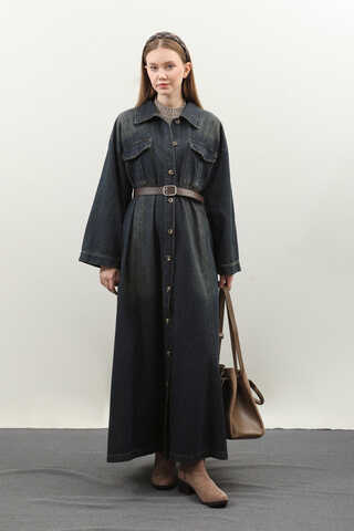 Kemerli Kot Elbise Koyu Mavi - 7