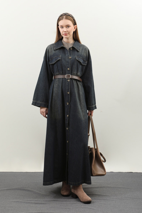 Kemerli Kot Elbise Koyu Mavi - 7