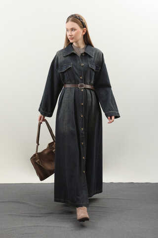 Kemerli Kot Elbise Koyu Mavi - 4