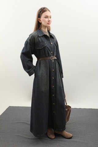 Kemerli Kot Elbise Koyu Mavi - 8