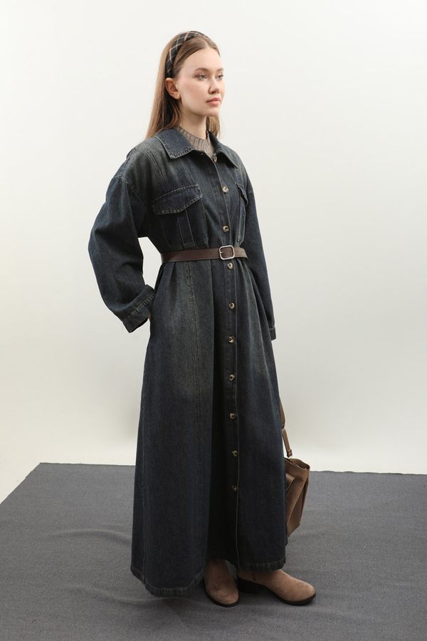 Kemerli Kot Elbise Koyu Mavi - 8