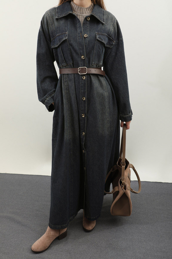 Kemerli Kot Elbise Koyu Mavi - 9