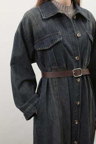 Kemerli Kot Elbise Koyu Mavi - 10