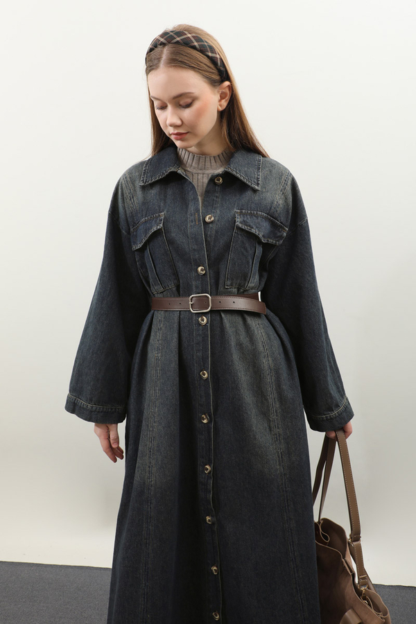 Kemerli Kot Elbise Koyu Mavi - 12