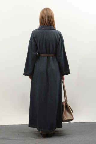 Kemerli Kot Elbise Koyu Mavi - 13