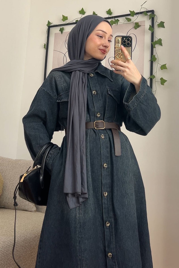 Kemerli Kot Elbise Koyu Mavi - 2