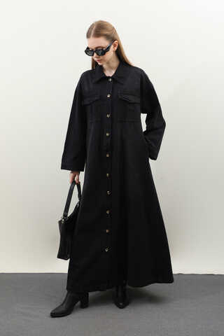 Kemerli Kot Elbise Siyah - 3