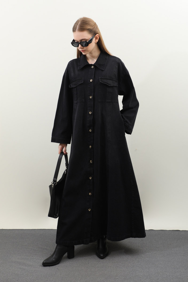 Kemerli Kot Elbise Siyah - 3