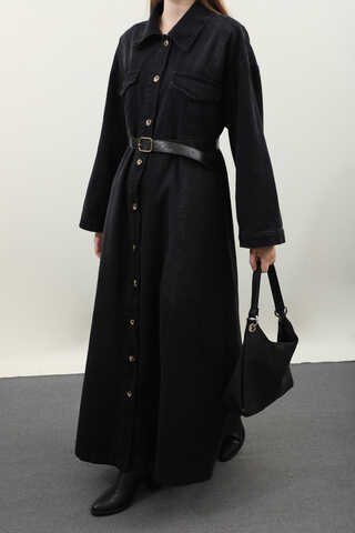 Kemerli Kot Elbise Siyah - 6