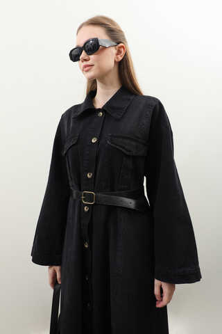 Kemerli Kot Elbise Siyah - 8