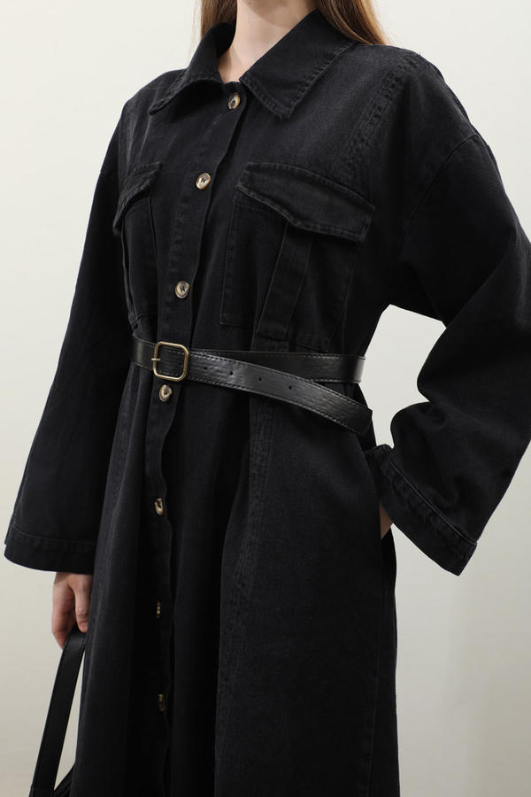 Kemerli Kot Elbise Siyah - 9