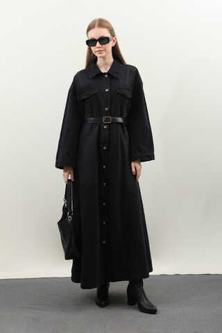 Kemerli Kot Elbise Siyah - 4