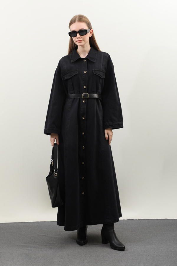 Kemerli Kot Elbise Siyah - 4