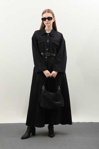 Kemerli Kot Elbise Siyah - 1