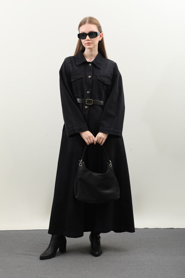 Kemerli Kot Elbise Siyah - 1