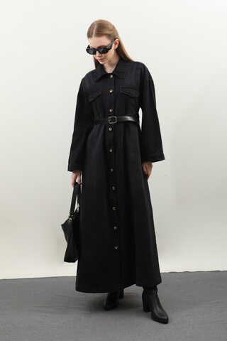 Kemerli Kot Elbise Siyah - 5