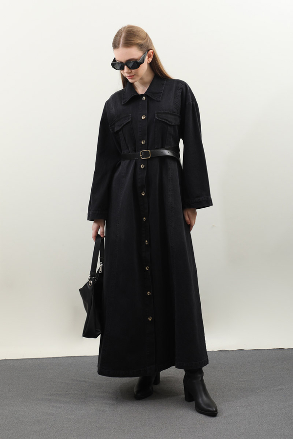 Kemerli Kot Elbise Siyah - 5