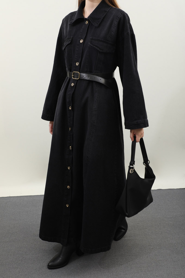 Kemerli Kot Elbise Siyah - 6