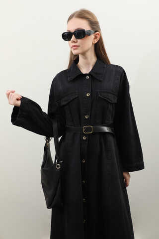 Kemerli Kot Elbise Siyah - 7