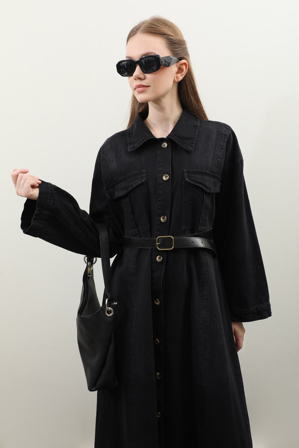 Kemerli Kot Elbise Siyah - 7