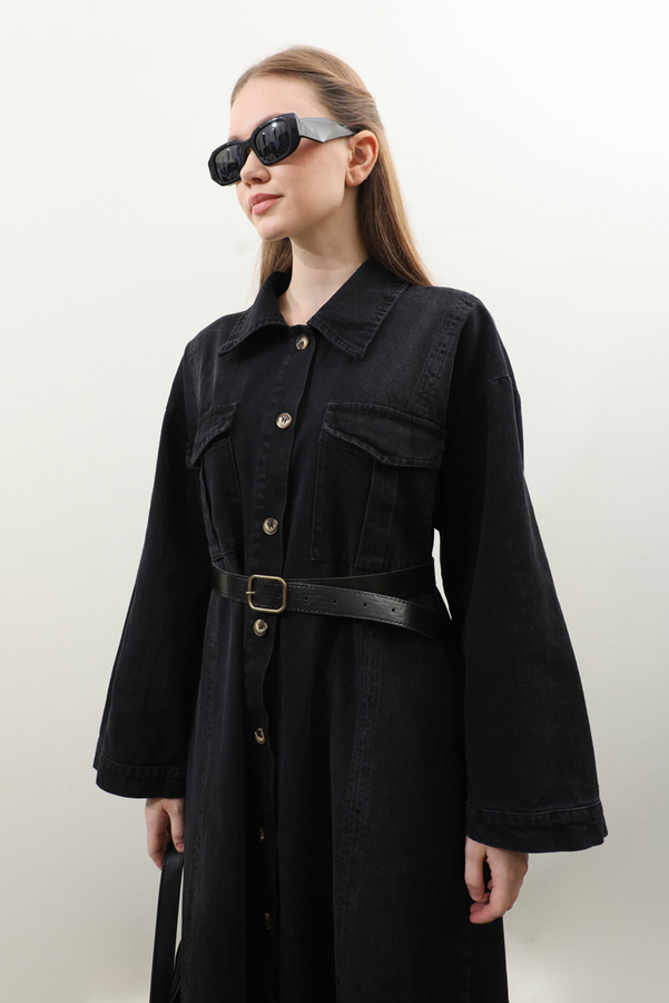 Kemerli Kot Elbise Siyah - 8