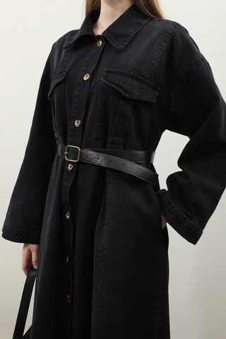 Kemerli Kot Elbise Siyah - 9