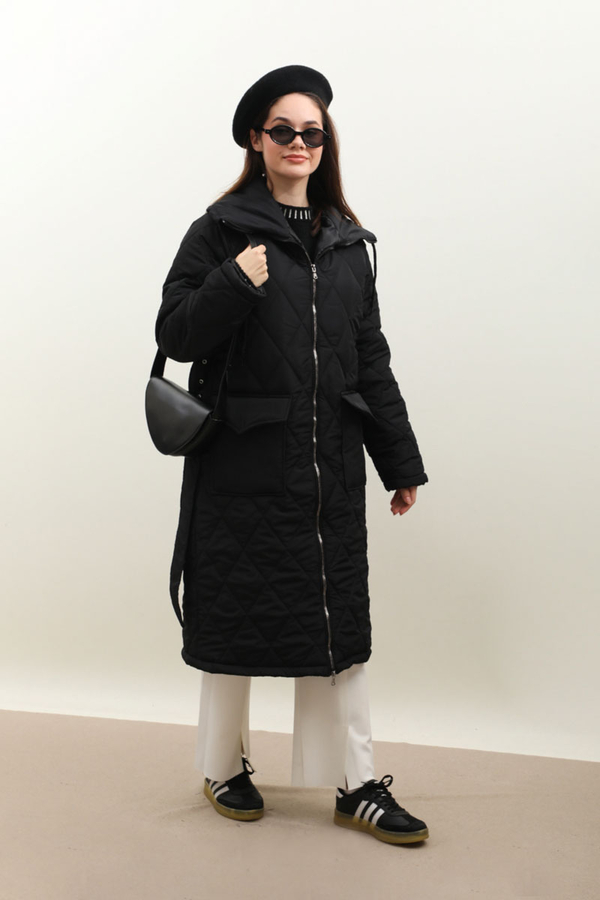 Kemerli Şişme Mont Siyah - 4