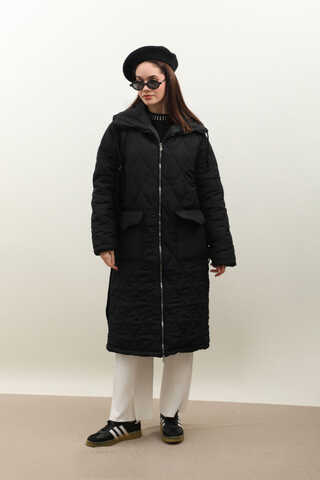 Kemerli Şişme Mont Siyah - 5