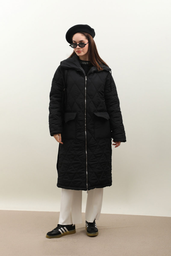 Kemerli Şişme Mont Siyah - 5