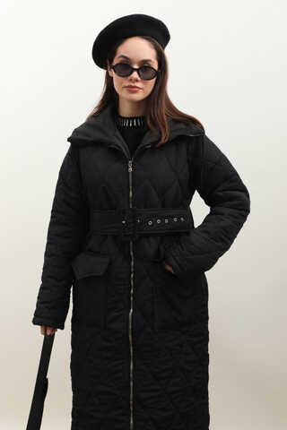 Kemerli Şişme Mont Siyah - 1